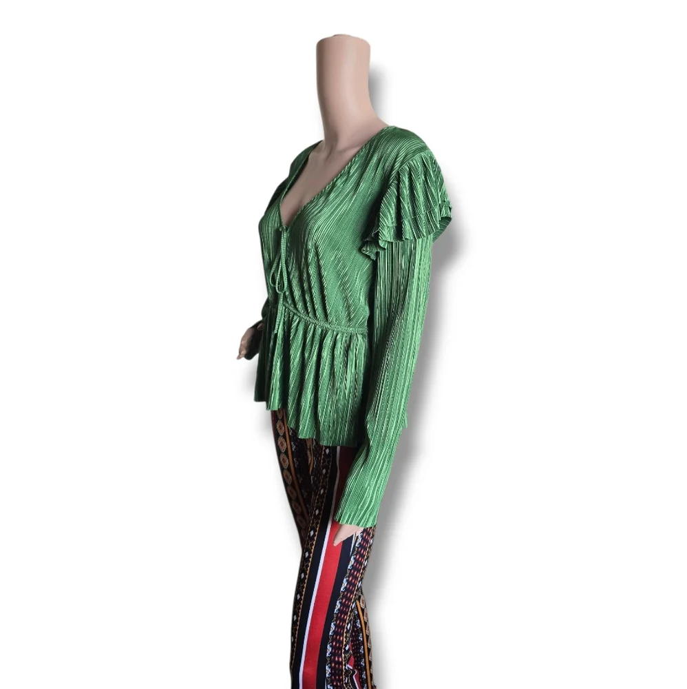 Zara Green Pleated Short Sleeve Blouse - Picture 5 of 16